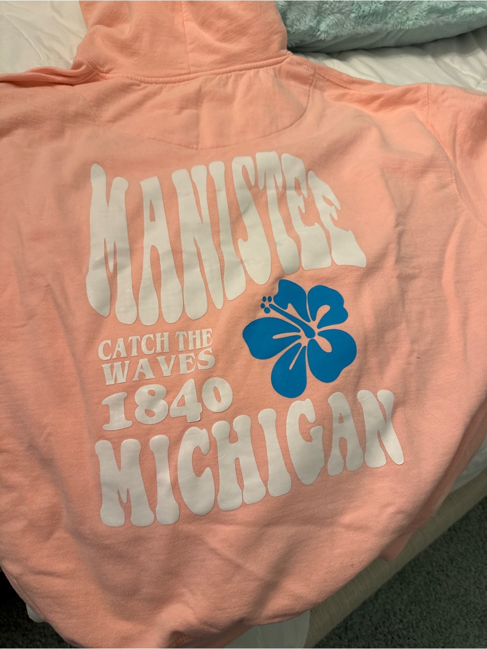 Peach Graphic Pullover Hoodie with White & Blue Print